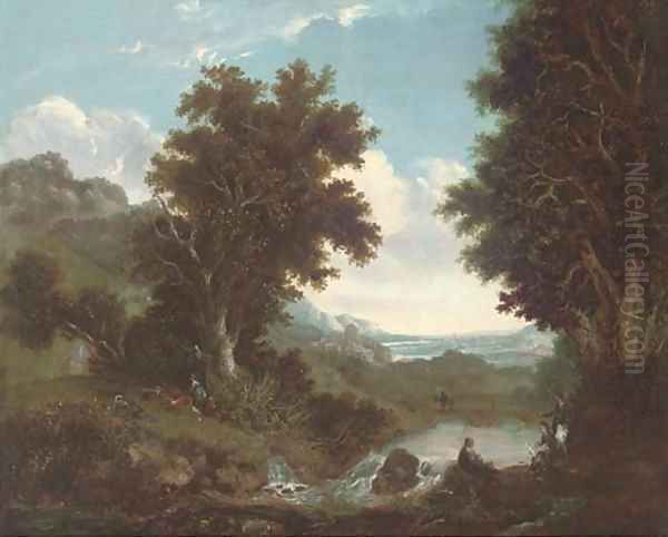 Figures by a brook, an extensive landscape beyond Oil Painting by Benjamin Barker Of Bath