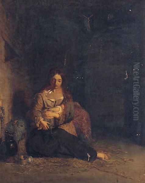 Mother And Child In A Stable Oil Painting by Charles Baxter