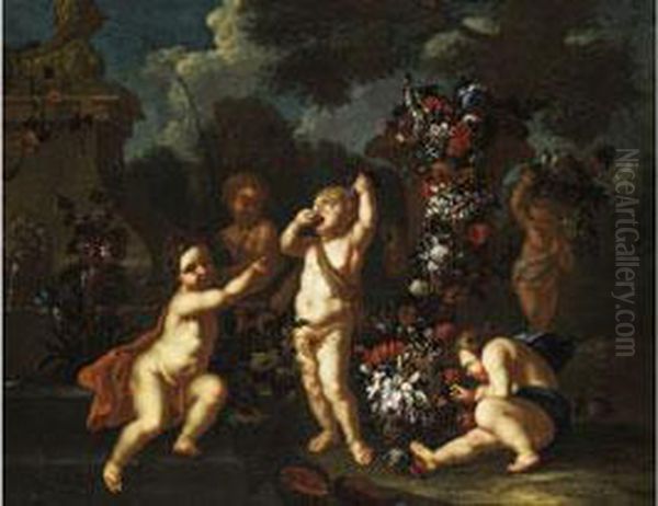 Putten In Einem Schlosspark (allegorie Von Venus Undbacchus) Oil Painting by Pieter Casteels