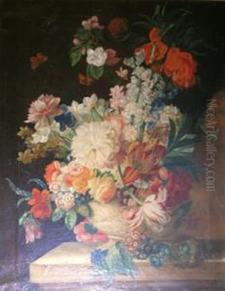 Spring Flowers In An Urn On A Stone Ledge Oil Painting by Pieter Casteels