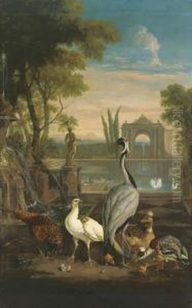 A Demoiselle Crane, A Pheasant, A
 Duck And Other Birds In An Italianate Garden With A Lake Oil Painting by Pieter Casteels