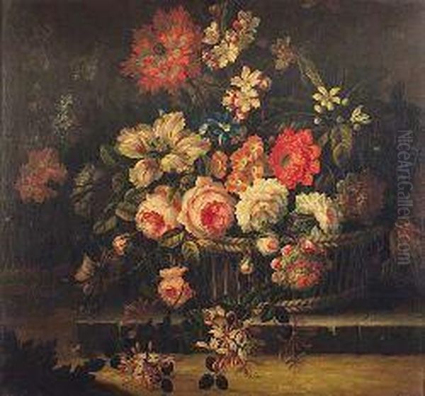 A Still Life Of Assorted Flowers In A Wicker Basket Oil Painting by Pieter Casteels