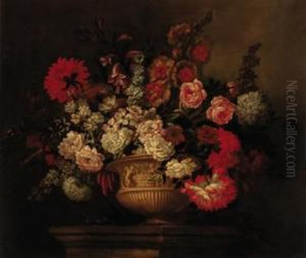 Roses, Lilies, Narcissi, Marigolds And Other Flowers In Asculptured Urn On A Plinth Oil Painting by Pieter Casteels