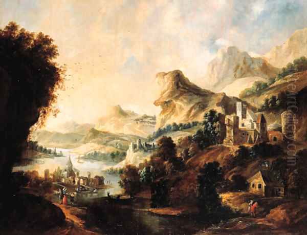 An extensive Rhenish landscape with an elegant couple and travellers on a path above a valley Oil Painting by Gerrit Van Battem