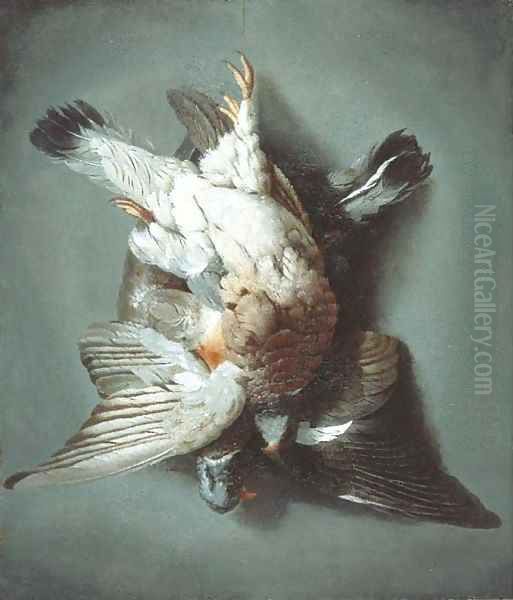 A brace of woodpigeon hanging from a string against a wall Oil Painting by Jacob Biltius