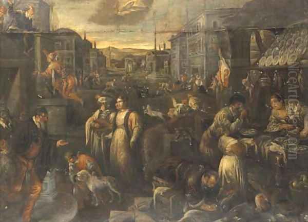 A street market with townsfolk dressed for carnival Oil Painting by Jacopo Bassano (Jacopo da Ponte)