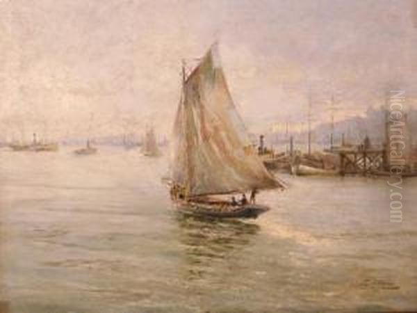 Puerto De Montevideo Con Barcas Oil Painting by Roberto Castellanos Mane