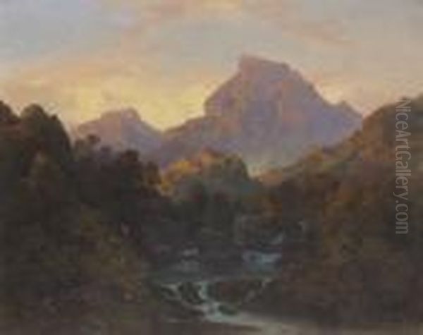 Gebirgslandschaft (in Den Sabiner
 Bergen?) Mit Burganlage. Oil Painting by Alessandro Castelli