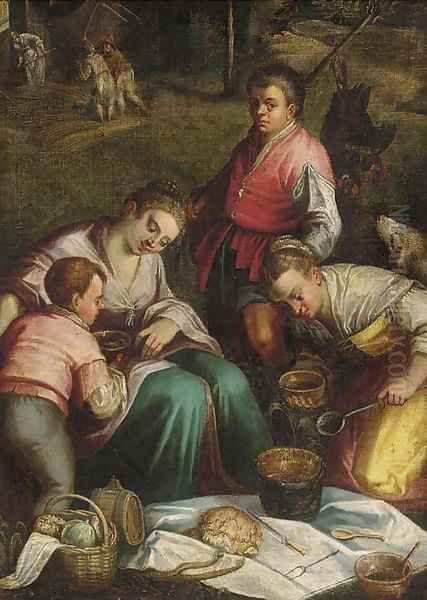 Farm hands eating with harvesters beyond Oil Painting by Jacopo Bassano (Jacopo da Ponte)