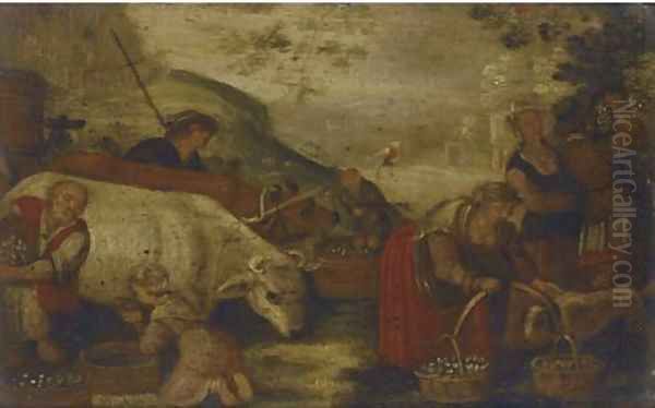 Figures milking a goat and tending to farm animals Oil Painting by Jacopo Bassano (Jacopo da Ponte)