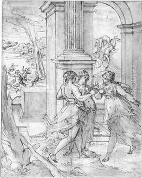 Three Women Under A Portico, With Jupiter As A Swan Flying Towardsleda Oil Painting by Giovanni B. (Il Genvovese) Castello