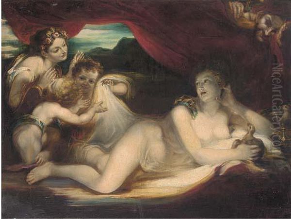 Venus Reclining On A Couch With Cherubs And A Nymph, A Satyrlooking On Oil Painting by Valerio Castello