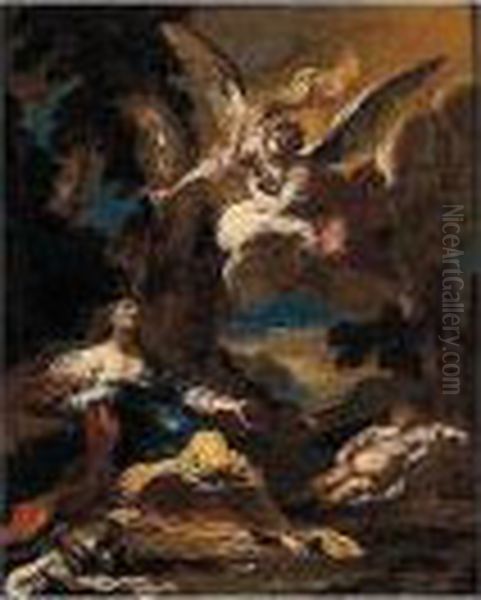 Hagar, Ismael And The Angel Oil Painting by Valerio Castello