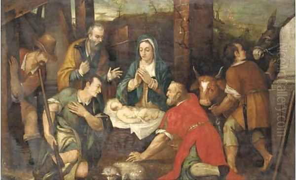 The Adoration of the Shepherds 2 Oil Painting by Jacopo Bassano (Jacopo da Ponte)