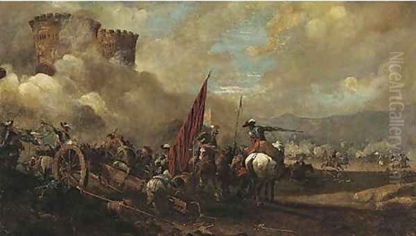 A cavalry and artillery battle before a fort Oil Painting by Jacques Courtios, Il Borgognone