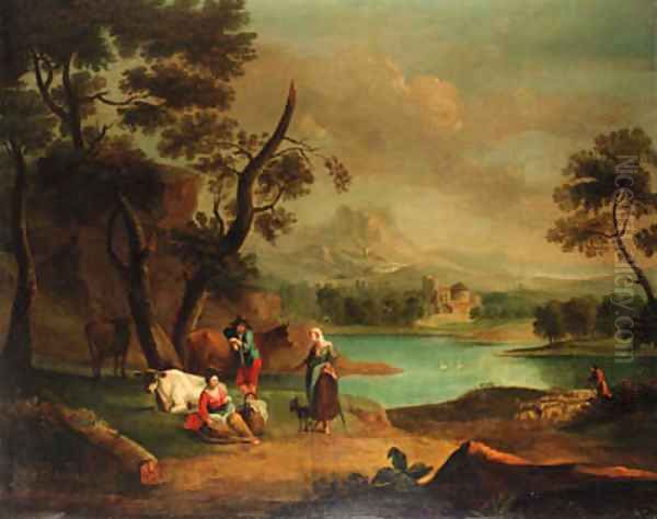 A drover with cattle and a traveller resting in a river landscape Oil Painting by Jan Van Der Bent