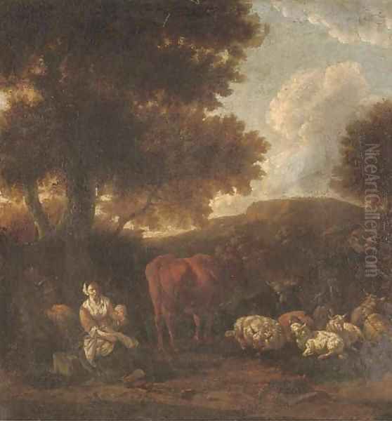 A wooded landscape with herdsmen and cattle resting Oil Painting by Jan Van Der Bent