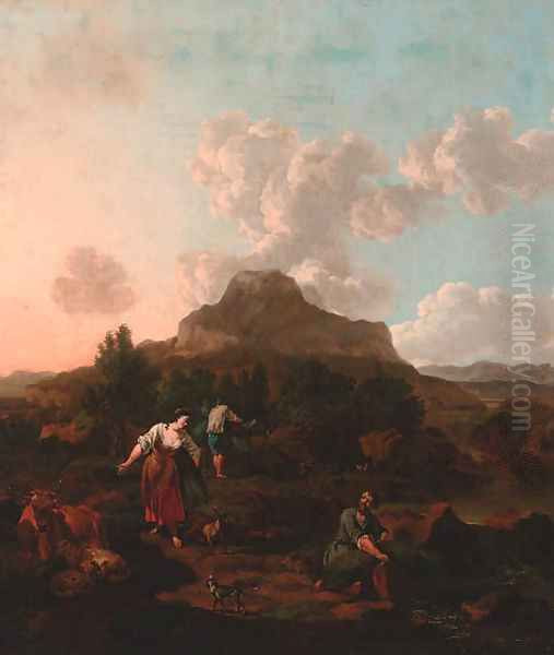 A rocky Italianate landscape with harvesters, cattle, and a dog by a stream Oil Painting by Jan Van Der Bent