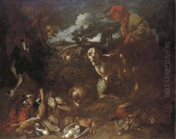 A Wooded Landscape With A Falconer And Two Dogs With Dead Game, A Huntsman Beyond Oil Painting by Giovanni Francesco Castiglione