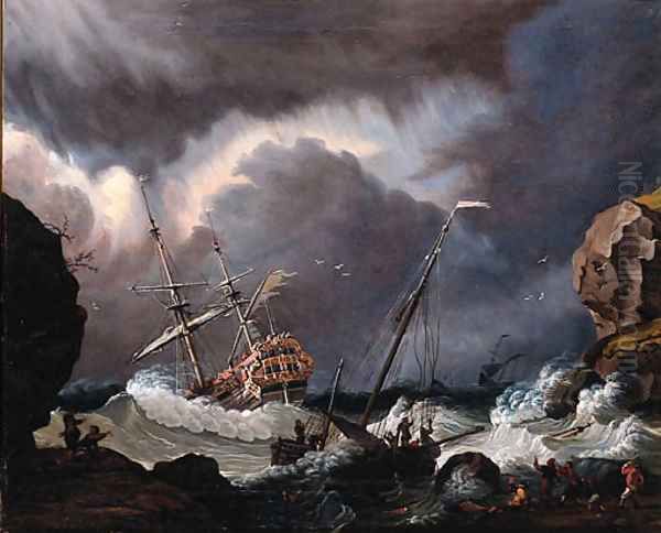 A Calm A Dutch Stateyacht Firing A Salute At The Entrance Of A Harbour Oil Painting by Ludolf Backhuyzen