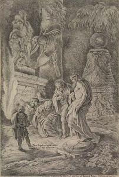 Four Soldiers Amidst Broken Tombs (temporalis Aeternitas) Oil Painting by Giovanni Francesco Castiglione