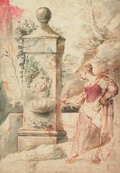 Woman At A Fountain Oil Painting by Giovanni Francesco Castiglione