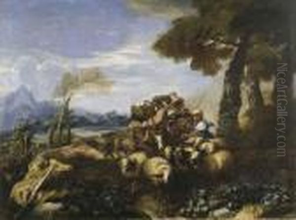 Pastore Con Armenti (il Viaggio Di Giacobbe?) Oil Painting by Giovanni Francesco Castiglione