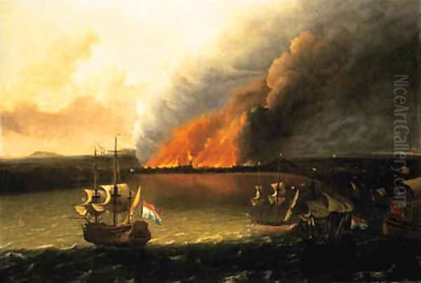 Dutch Men-of-War pursuing a British Man-of-War, a town burning beyond, possibly the Dutch raid on Chatham in 1667 Oil Painting by Ludolf Backhuyzen