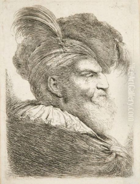 Tete De Vieillard Barbu De Profil Vers La Droite Oil Painting by Giovanni Benedetto Castiglione