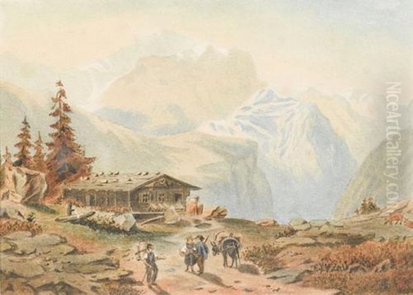 Gebirgslandschaft Mit Chalet Und Figurenstaffage. Oil Painting by Edouard Castres