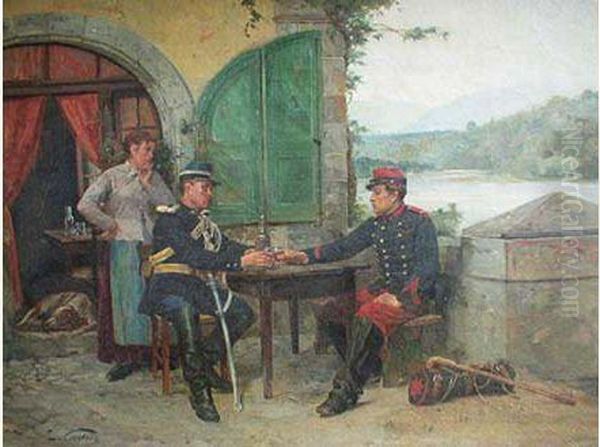 Scene D'auberge Avec Deux Militaires Francais Et Une Vue Du Fort Del'ecluse Oil Painting by Edouard Castres