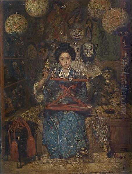 A Japanese Shopkeeper In Kimono Oil Painting by Edouard Castres