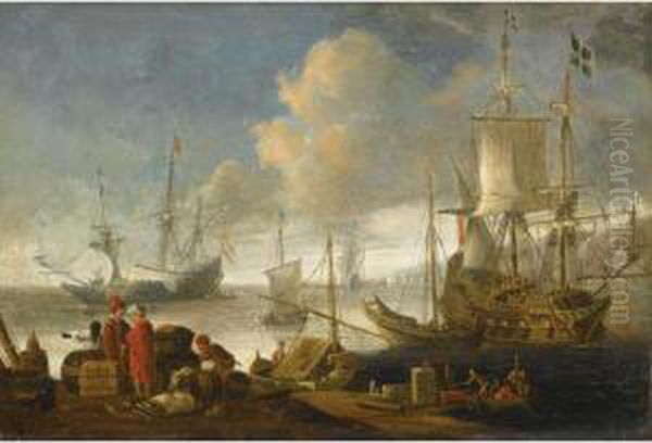 A Mediterranean Harbour Scene, With Merchants Trading On The Quay, And Ships Beyond Oil Painting by Lorenzo A. Castro