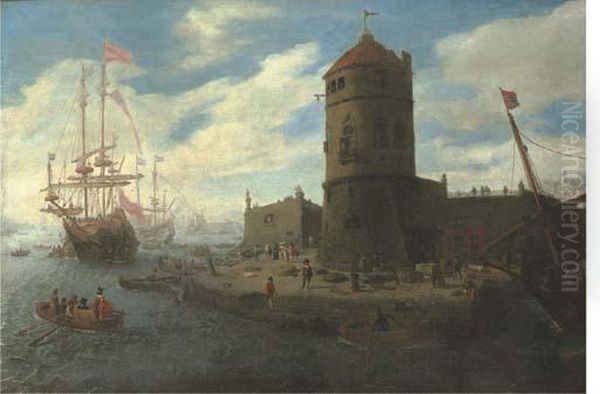 A Capriccio Of A Mediterranean Harbour With Elegant Figures Oil Painting by Lorenzo A. Castro