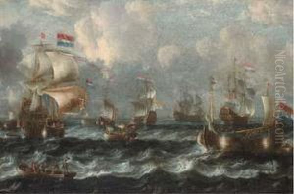 Warships Off The Dutch Coast Oil Painting by Lorenzo A. Castro