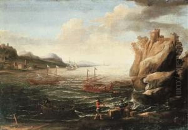 A Mediterranean Coastal 
Landscape With Fishermen Mooring Theirboats In The Foreground And 
Levantine Galleys Beyond Oil Painting by Lorenzo A. Castro