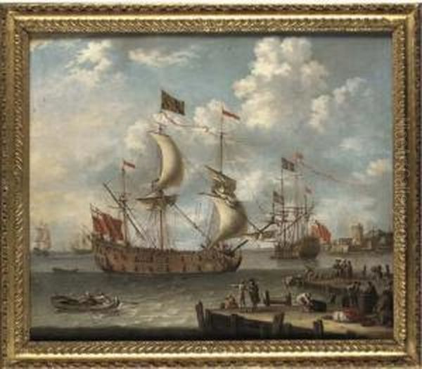 An English Fourth Rate Arriving Off Genoa Oil Painting by Lorenzo A. Castro