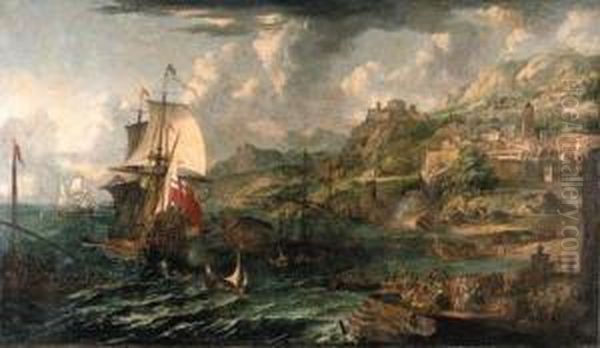 A Capriccio Of A Mediterranean 
Harbour With A British Man-o-war Anda Galley And Numerous Figures On A 
Quay Oil Painting by Lorenzo A. Castro