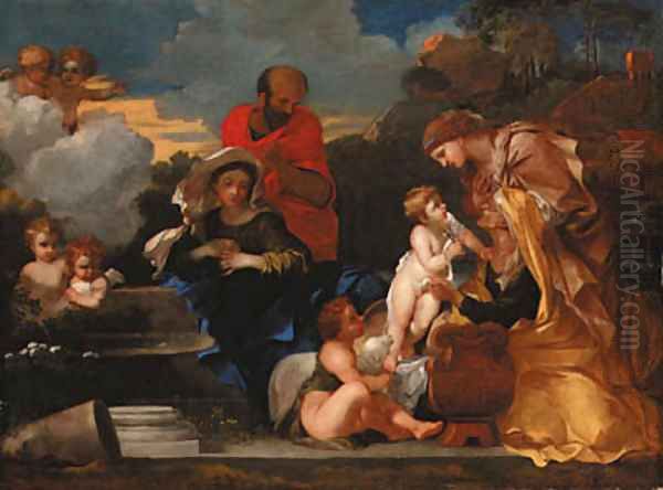 The Holy Family with the infant Saint John the Baptist and Saints Anne and Elizabeth Oil Painting by Sebastien Bourdon