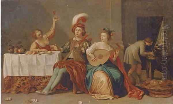 Elegant company playing music and merrymaking in an interior Oil Painting by Willem Bartsius