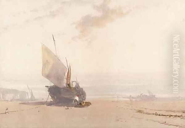 A beached fishing vessel at low tide Oil Painting by William Roxby Beverly