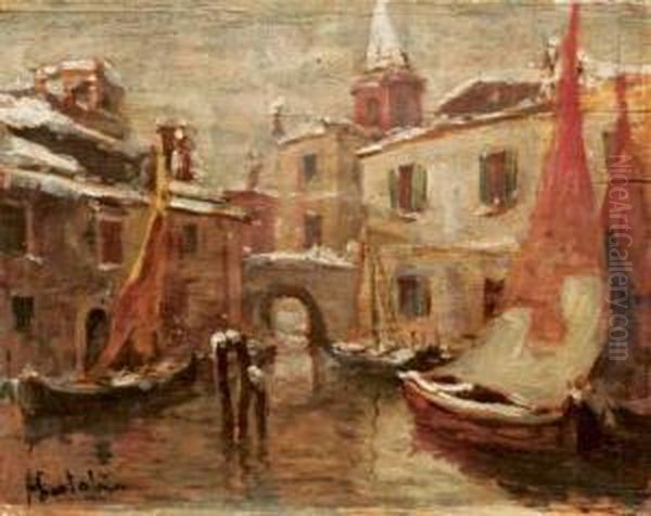 Canale A Chioggia Sotto La Neve Oil Painting by Alessandro Catalani