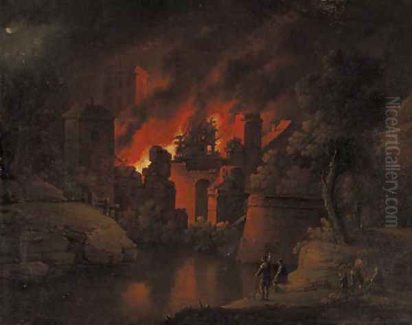 A town on fire at night with onlookers Oil Painting by Christoph Van Bemmel