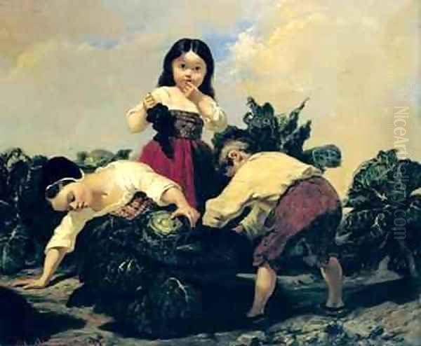 Children Looking Under a Cabbage Oil Painting by Clement Boulanger