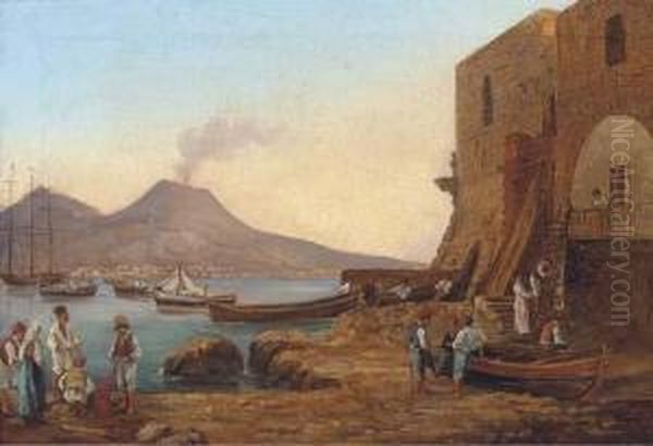 Fishermen On The Shores Of The Bay Of Naples Oil Painting by Franz Ludwig Catel