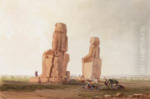 Arabs Resting By The Colossi At Memnon, Thebes Oil Painting by Frederick Catherwood