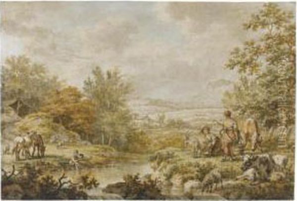 A River Landscape With Farm Animals Grazing And Two Milk Maids Oil Painting by Jacob Cats