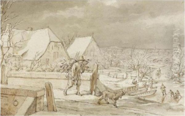 Winter Landscape, With A Woodcutter And His Dog Crossing A Bridge Oil Painting by Jacob Cats