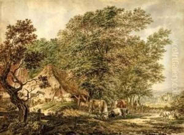 Village Landscape With Cattle Oil Painting by Jacob Cats