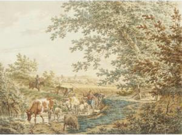 A Wooded Landscape With A Boy 
Driving Cattle And Sheep Through A Stream, The Ruins Of Brederode Castle
 In The Distance Oil Painting by Jacob Cats